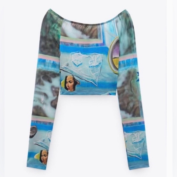 Zara limited edition larissa de Jesus negron print crop off shoulder mesh top‎ - Picture 6 of 14
